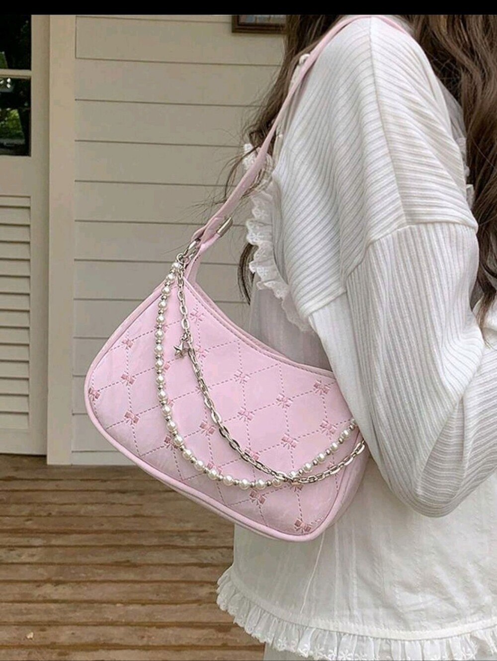 Elegant Pink Shoulder Bag with Pearl Chain